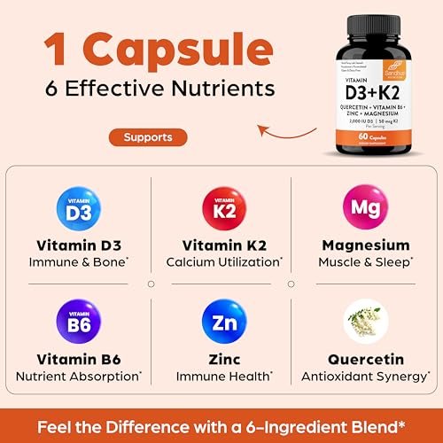 Sandhu's Vitamin D3 K2 Magnesium 2000 IE, 50mcg K2 Kapseln, 60 Stück (1 Packung) | mit Vitamin B6, Zink & Quercetin | Unterstützt Absorption, Energie, Immunsystem & Muskelfunktion für Männer & Frauen