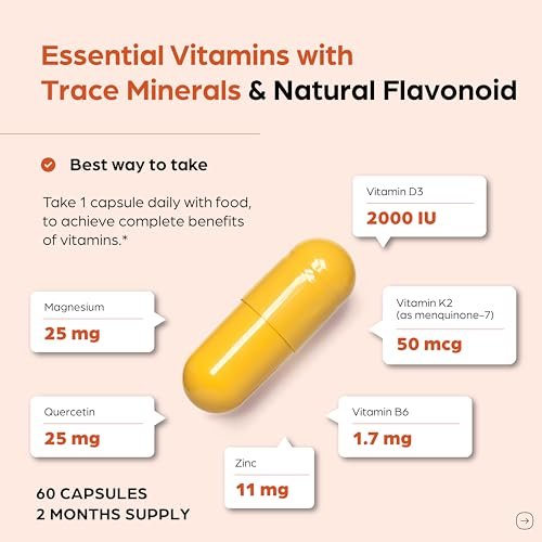 Sandhu's Vitamin D3 K2 Magnesium 2000 IE, 50mcg K2 Kapseln, 60 Stück (1 Packung) | mit Vitamin B6, Zink & Quercetin | Unterstützt Absorption, Energie, Immunsystem & Muskelfunktion für Männer & Frauen