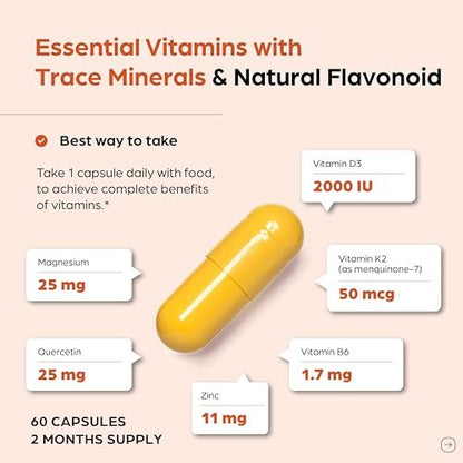 Sandhu's Vitamin D3 K2 Magnesium 2000 IE, 50mcg K2 Kapseln, 60 Stück (1 Packung) | mit Vitamin B6, Zink & Quercetin | Unterstützt Absorption, Energie, Immunsystem & Muskelfunktion für Männer & Frauen