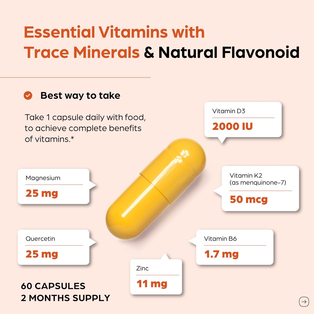 Sandhu's Vitamin D3 K2 Magnesium 2000 IE, 50mcg K2 Kapseln, 60 Stück (1 Packung) | mit Vitamin B6, Zink & Quercetin | Unterstützt Absorption, Energie, Immunsystem & Muskelfunktion für Männer & Frauen