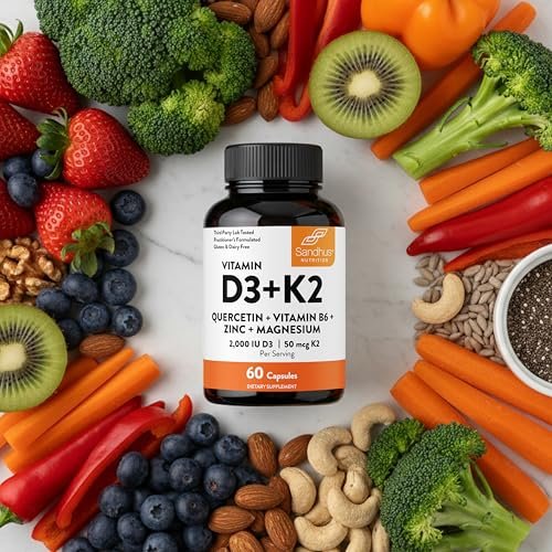 Sandhu's Vitamin D3 K2 Magnesium 2000 IE, 50mcg K2 Kapseln, 60 Stück (1 Packung) | mit Vitamin B6, Zink & Quercetin | Unterstützt Absorption, Energie, Immunsystem & Muskelfunktion für Männer & Frauen