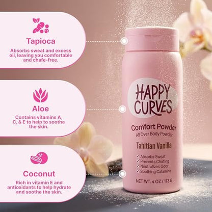 HAPPY CURVES Comfort Powder: Talkfreies Körper- und Fußpuder gegen Reibung und Schwitzen, 6 oz (1er-Pack) – Tahitian Vanille