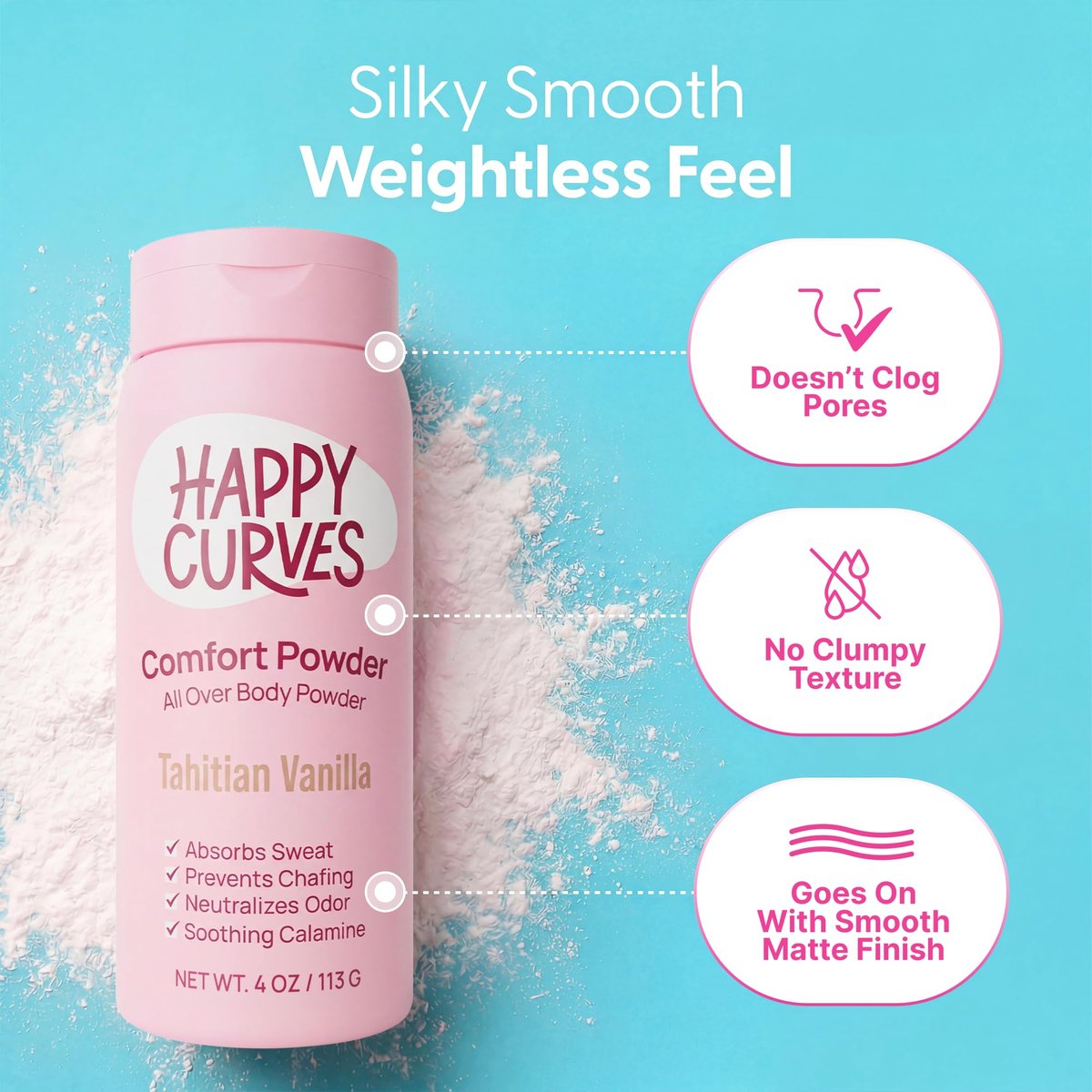 HAPPY CURVES Comfort Powder: Talkfreies Körper- und Fußpuder gegen Reibung und Schwitzen, 6 oz (1er-Pack) – Tahitian Vanille