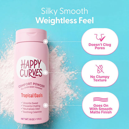 HAPPY CURVES Comfort Powder: Talkfreies Anti-Chafe Körper- & Fußpuder Deodorant gegen Schenkelreiben und Intimbereich 6oz (1er Pack) - Tropical Oasis