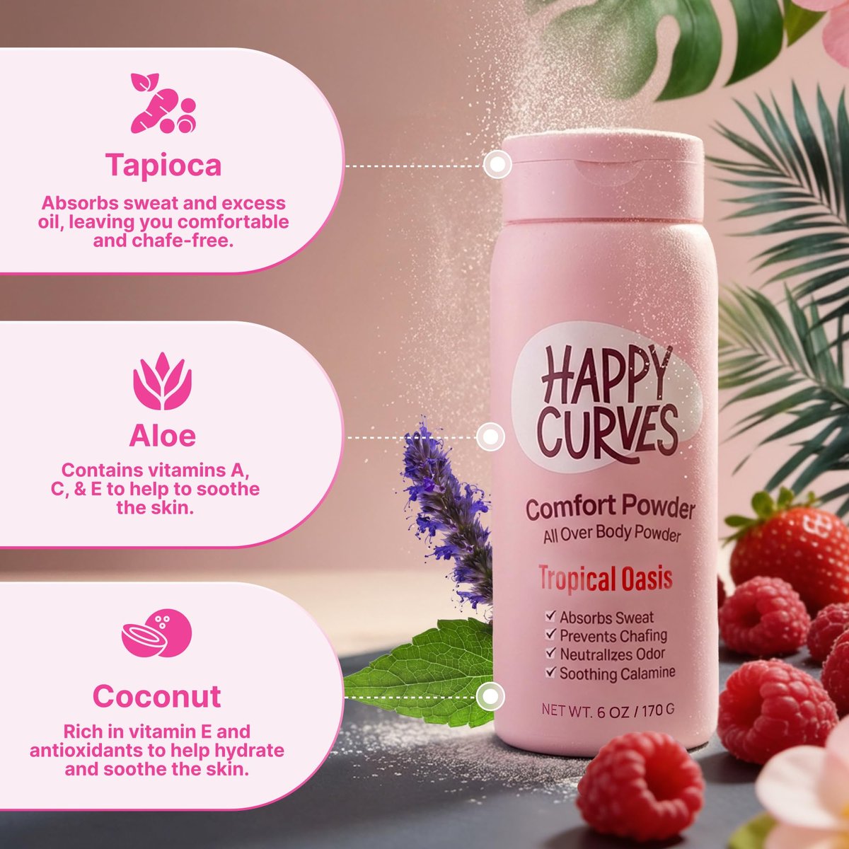 HAPPY CURVES Comfort Powder: Talkfreies Anti-Chafe Körper- & Fußpuder Deodorant gegen Schenkelreiben und Intimbereich 6oz (1er Pack) - Tropical Oasis