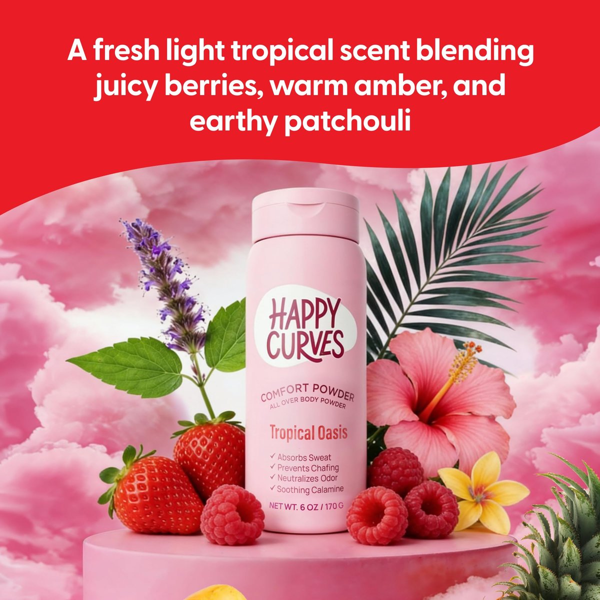 HAPPY CURVES Comfort Powder: Talkfreies Anti-Chafe Körper- & Fußpuder Deodorant gegen Schenkelreiben und Intimbereich 6oz (1er Pack) - Tropical Oasis