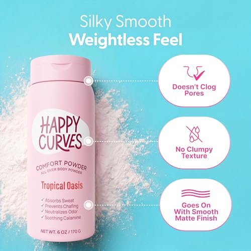 HAPPY CURVES Comfort Powder: Talkfreies Anti-Chafe Körper- & Fußpuder Deodorant gegen Schenkelreiben und Intimbereich 6oz (1er Pack) - Tropical Oasis