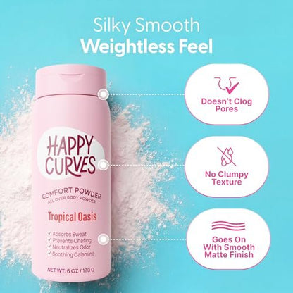 HAPPY CURVES Comfort Powder: Talkfreies Anti-Chafe Körper- & Fußpuder Deodorant gegen Schenkelreiben und Intimbereich 6oz (1er Pack) - Tropical Oasis