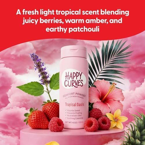 HAPPY CURVES Comfort Powder: Talkfreies Anti-Chafe Körper- & Fußpuder Deodorant gegen Schenkelreiben und Intimbereich 6oz (1er Pack) - Tropical Oasis