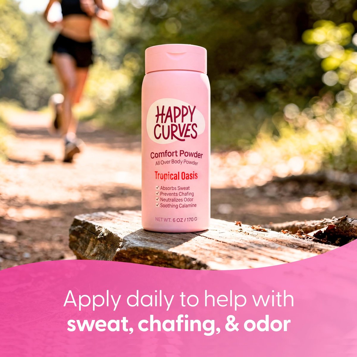 HAPPY CURVES Comfort Powder: Talkfreies Anti-Chafe Körper- & Fußpuder Deodorant gegen Schenkelreiben und Intimbereich 6oz (1er Pack) - Tropical Oasis