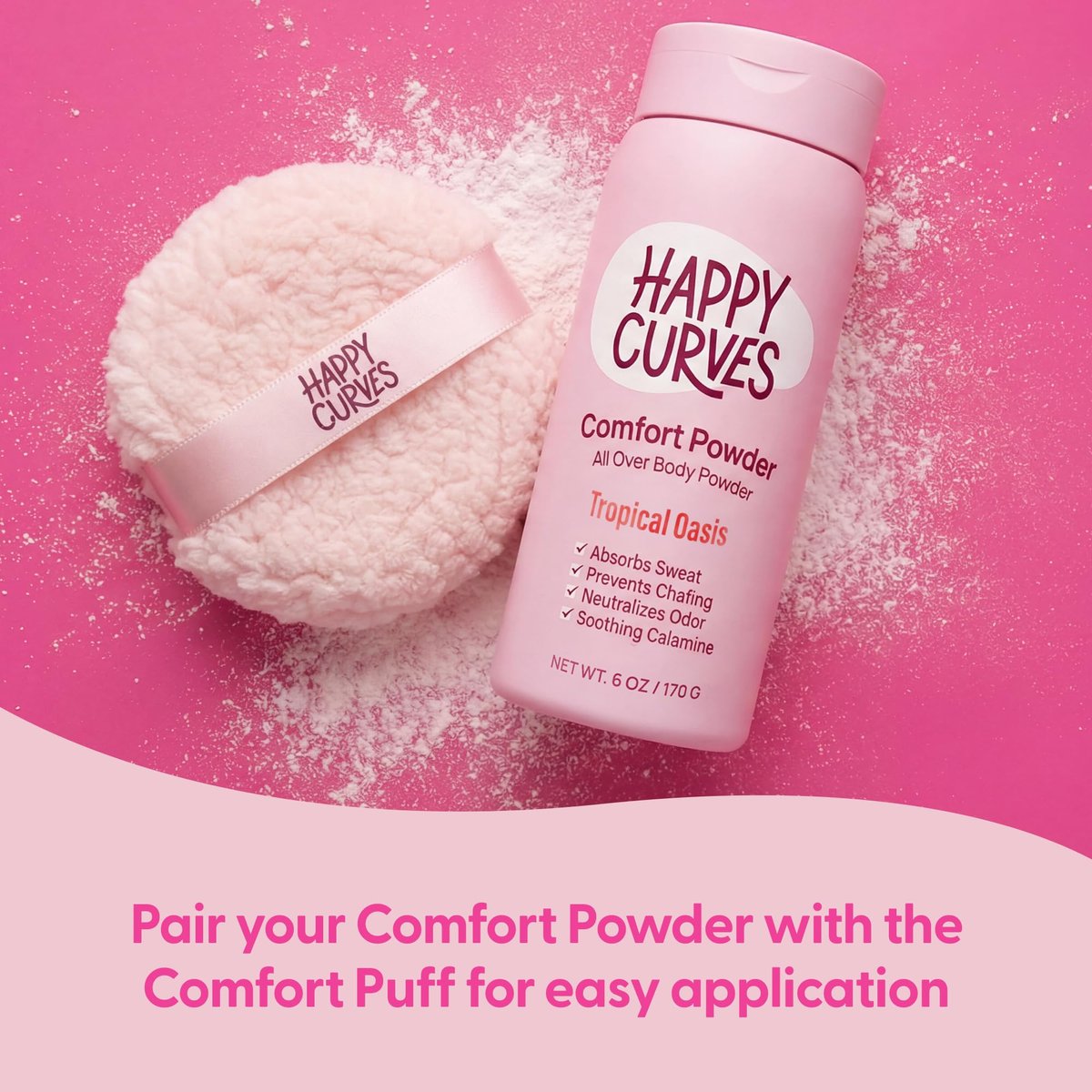 HAPPY CURVES Comfort Powder: Talkfreies Anti-Chafe Körper- & Fußpuder Deodorant gegen Schenkelreiben und Intimbereich 6oz (1er Pack) - Tropical Oasis