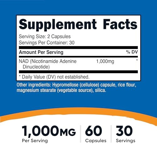 Nutricost NAD+ Supplement 1000 mg – 60 Kapseln, Nicotinamid-Adenin-Dinukleotid, vegan, GMO-frei, glutenfrei, 30 Portionen