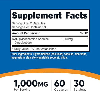 Nutricost NAD+ Supplement 1000 mg – 60 Kapseln, Nicotinamid-Adenin-Dinukleotid, vegan, GMO-frei, glutenfrei, 30 Portionen