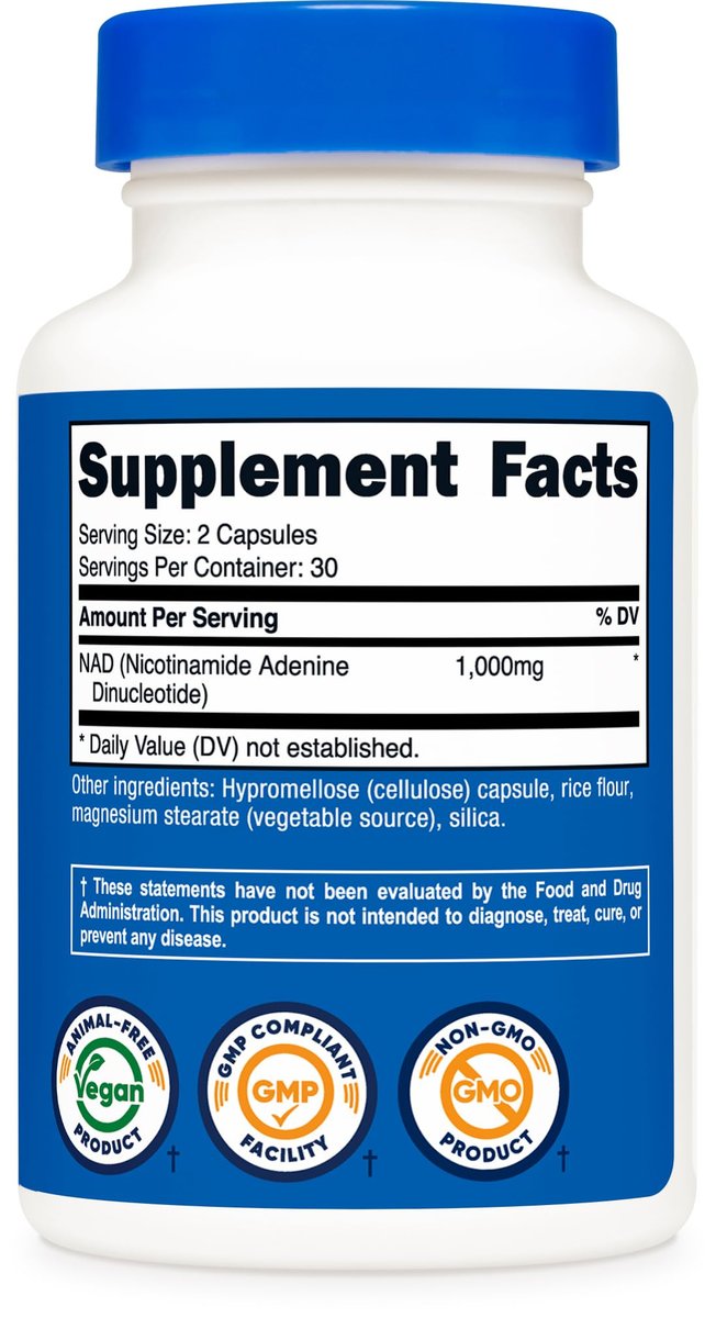 Nutricost NAD+ Supplement 1000 mg – 60 Kapseln, Nicotinamid-Adenin-Dinukleotid, vegan, GMO-frei, glutenfrei, 30 Portionen