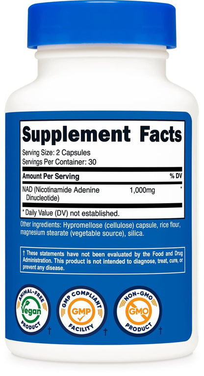 Nutricost NAD+ Supplement 1000 mg – 60 Kapseln, Nicotinamid-Adenin-Dinukleotid, vegan, GMO-frei, glutenfrei, 30 Portionen