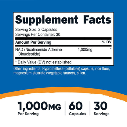 Nutricost NAD+ Supplement 1000 mg – 60 Kapseln, Nicotinamid-Adenin-Dinukleotid, vegan, GMO-frei, glutenfrei, 30 Portionen