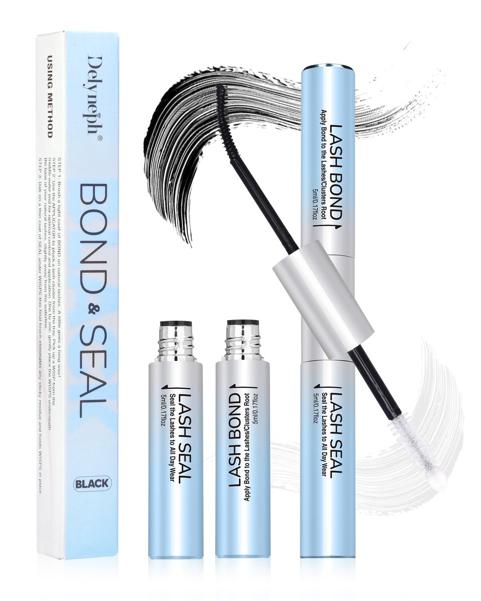 Delyneph Wimpernkleber, wasserfester Lash Bond and Seal, Wimperncluster-Kleber, 2-in-1 DIY Heimgebrauch, latexfrei (5ml+5ml)