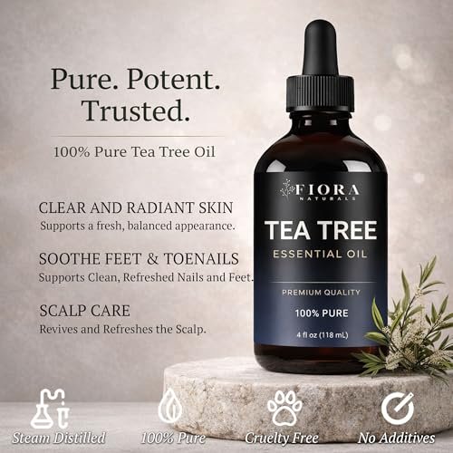 Fiora Naturals Teebaumöl 118 ml – 100% reines Teebaumöl für Haut, Gesicht, Haare & Kopfhaut, Nägel & Zehennägel, Aromatherapie & Diffuser – Melaleuca Alternifolia