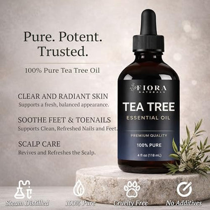 Fiora Naturals Teebaumöl 118 ml – 100% reines Teebaumöl für Haut, Gesicht, Haare & Kopfhaut, Nägel & Zehennägel, Aromatherapie & Diffuser – Melaleuca Alternifolia