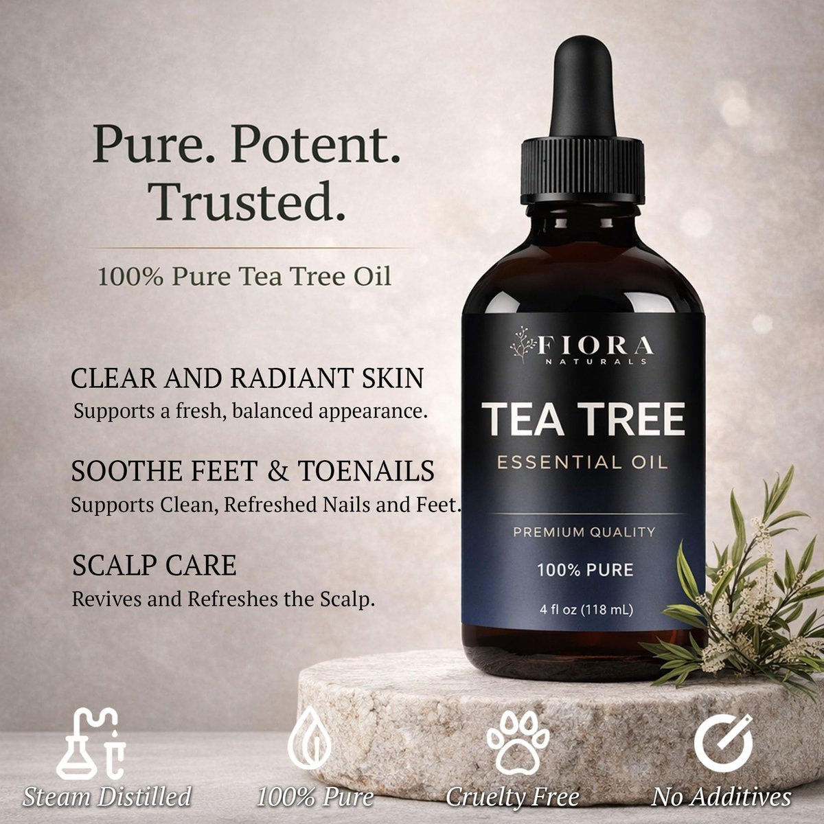 Fiora Naturals Teebaumöl 118 ml – 100% reines Teebaumöl für Haut, Gesicht, Haare & Kopfhaut, Nägel & Zehennägel, Aromatherapie & Diffuser – Melaleuca Alternifolia