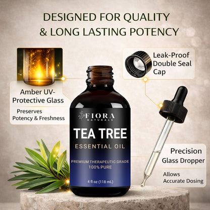 Fiora Naturals Teebaumöl 118 ml – 100% reines Teebaumöl für Haut, Gesicht, Haare & Kopfhaut, Nägel & Zehennägel, Aromatherapie & Diffuser – Melaleuca Alternifolia