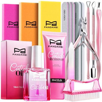 FANDAMEI Maniküre-Set für Frauen, professionelle Nagelfeilen und Buffer, Nagelhautentferner-Werkzeug mit Nagelhautweicher, duftendem Öl, Zangen, Schiebern und Nagelhautpflege-Werkzeugset
