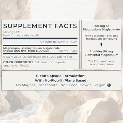 Inwardly Magnesium Glycinat 500mg (als TRAACS Bisglycinat) - Schlaf & Ruhe Unterstützung - Hochabsorbierendes cheliertes Magnesium - 1 Kapsel pro Portion - 2-Monats-Vorrat, 60 vegane Kapseln