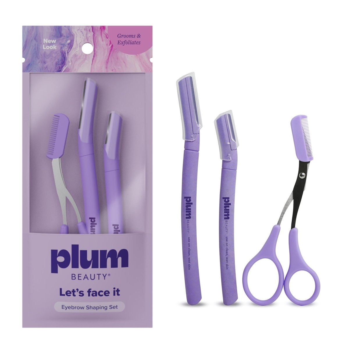 Plum Beauty Augenbrauenformungsset – Komplettes 3-teiliges Pflegeset mit 2 Falthobeln & Präzisionstrimmerschere mit Bürste – Schmerzfreie Brauendefinition & -pflege