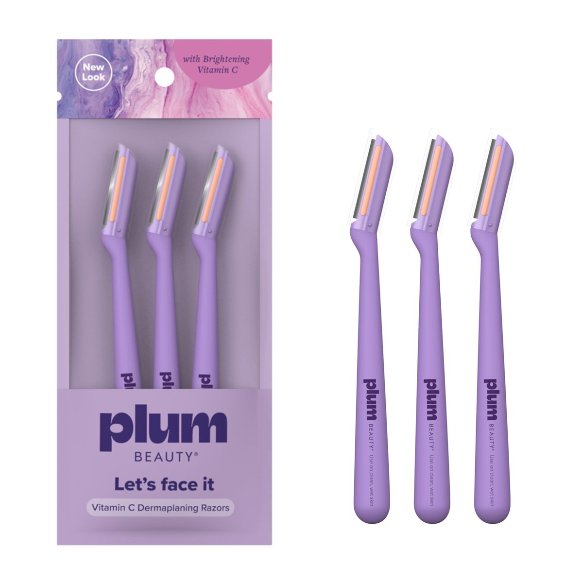 Plum Beauty Vitamin C Dermaplaning-Rasierer (3er-Pack) – Infizierte Gesichtsrasierer für Frauen – Pfirsichflaum- und Tothautentferner – Aufhellender Vitamin-C-Streifen für Kollagenunterstützung und Hautpflegeaufnahme