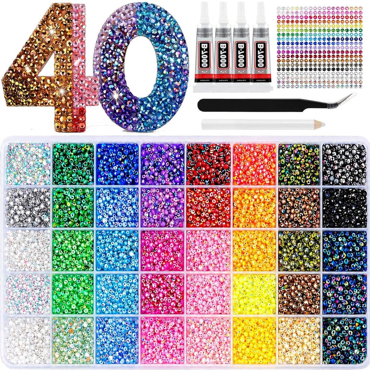Badazzle Kit 40 Farben 35000 Stück Strasssteine, Bastelset mit Harz-Gel-Flachrücksteinen, Buch-Bedazzling-Kit, kleine Edelsteine mit Werkzeugen für DIY-Projekte für Erwachsene