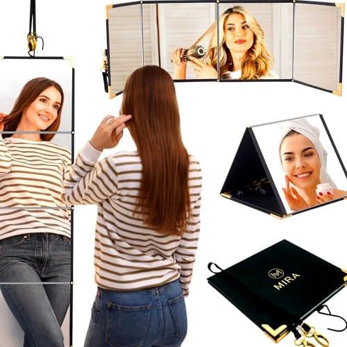 M MIRA Klappbarer Ganzkörper-Reisespiegel – Tragbarer 3-Wege-Spiegel (Pyramide, Schminktisch, Ganzkörper) – Hängespiegel für Outfit, Haare & Make-up – für Tanzrucksack, Kleiderschrank, Camping