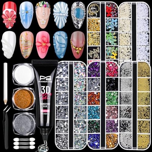 FANDAMEI 3D Nagelgel Set - 15g 3D Modelliergel, 5 Boxen Nagelperlen, Strasssteine und Glitzer, Metallperlen, Gold/Silber/Weiß Perlglanzpulver für DIY Maniküre, UV/LED Lampe erforderlich