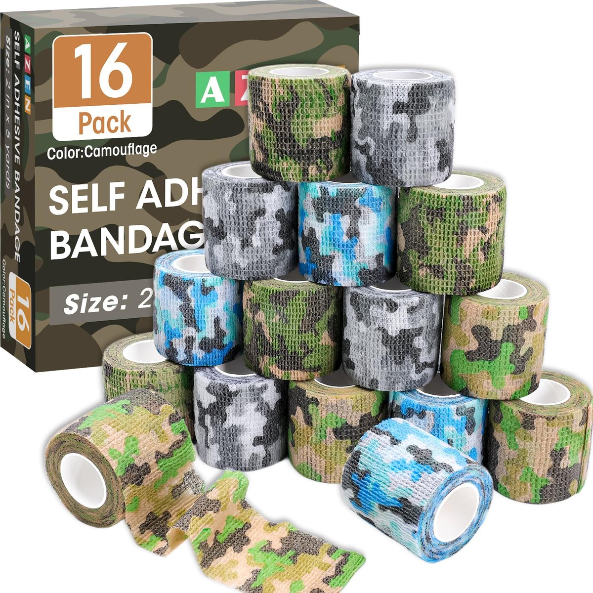 AZEN 16er-Pack selbstklebende Bandage, 2" x 5 Yards, elastische Kohäsivbandage, Sporttape, Tierverband, Knöcheltape, Tattoo-Abdeckung (Camo)