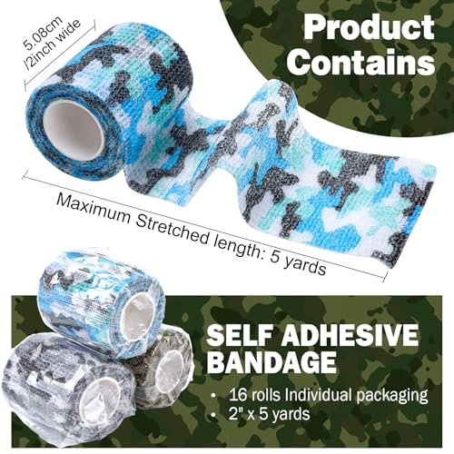 AZEN 16er-Pack selbstklebende Bandage, 2" x 5 Yards, elastische Kohäsivbandage, Sporttape, Tierverband, Knöcheltape, Tattoo-Abdeckung (Camo)