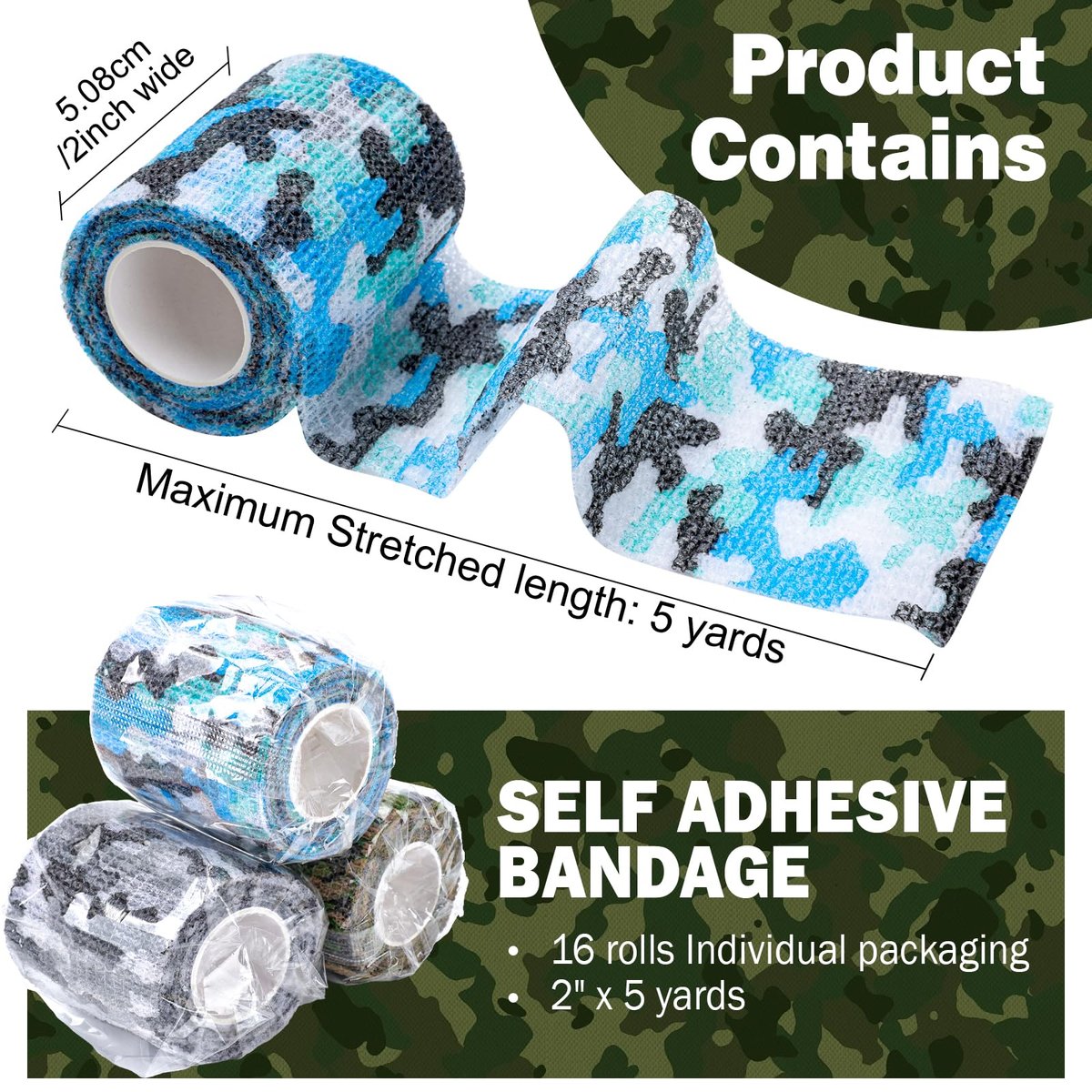 AZEN 16er-Pack selbstklebende Bandage, 2" x 5 Yards, elastische Kohäsivbandage, Sporttape, Tierverband, Knöcheltape, Tattoo-Abdeckung (Camo)