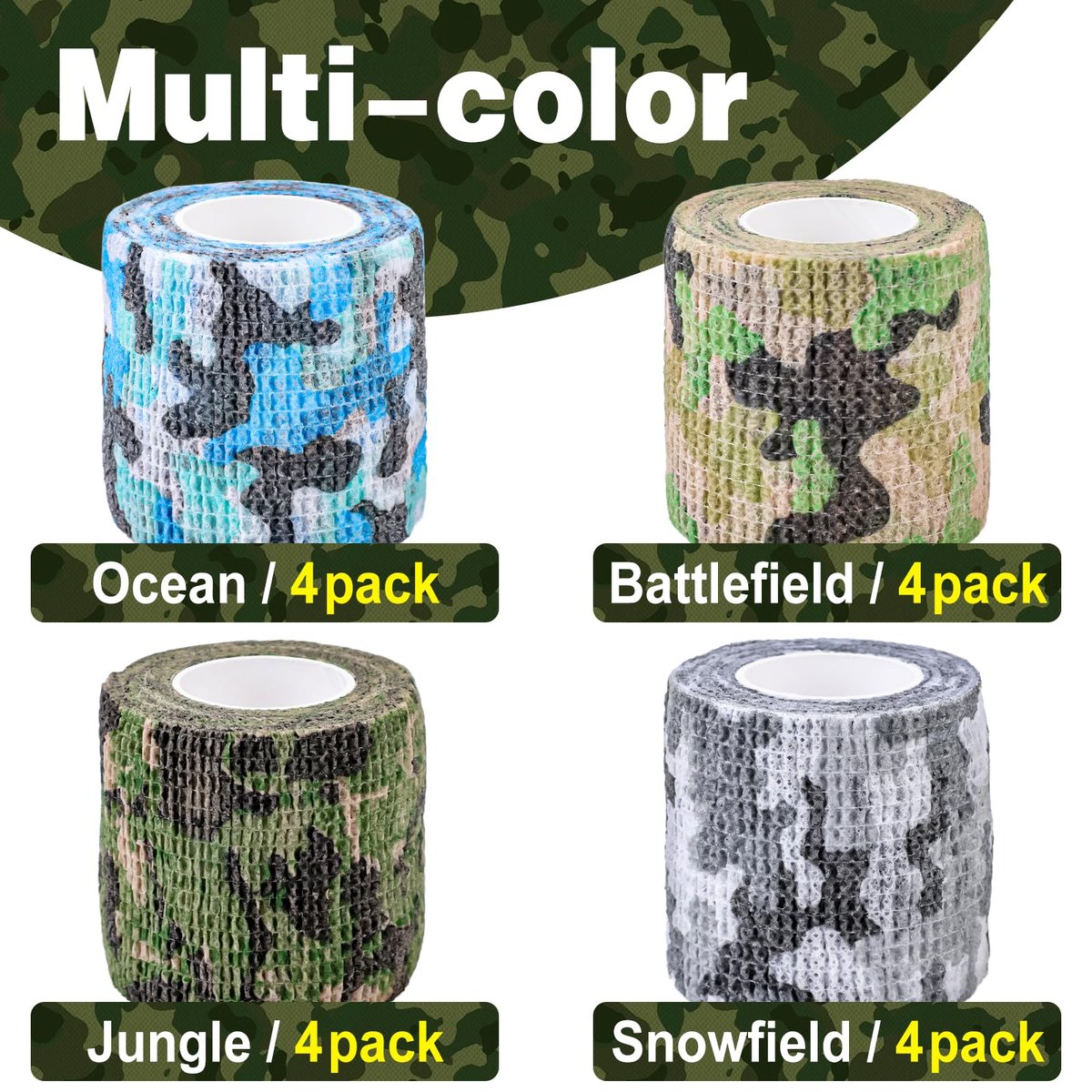 AZEN 16er-Pack selbstklebende Bandage, 2" x 5 Yards, elastische Kohäsivbandage, Sporttape, Tierverband, Knöcheltape, Tattoo-Abdeckung (Camo)