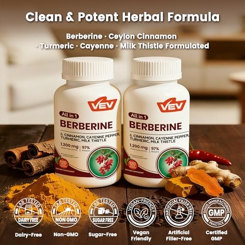 VEV Berberin Kapseln mit Ceylon Zimt – Tägliche Wellness-Unterstützung, Vegan & Non-GMO – 2 Flaschen (240 Kapseln gesamt)