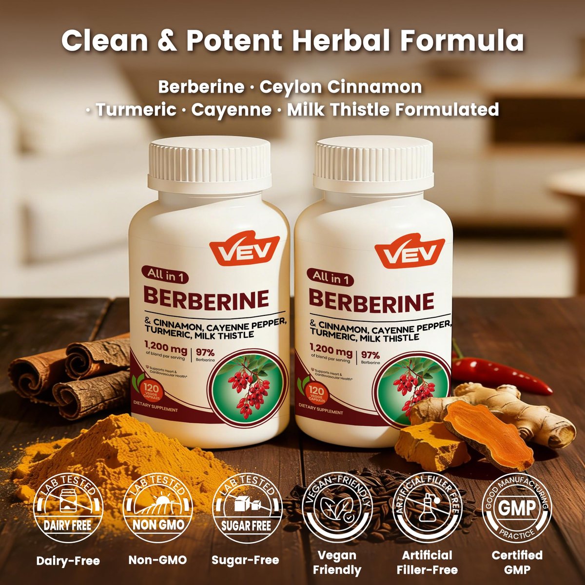 VEV Berberin Kapseln mit Ceylon Zimt – Tägliche Wellness-Unterstützung, Vegan & Non-GMO – 2 Flaschen (240 Kapseln gesamt)