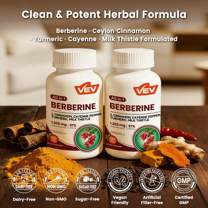 VEV Berberin Kapseln mit Ceylon Zimt – Tägliche Wellness-Unterstützung, Vegan & Non-GMO – 2 Flaschen (240 Kapseln gesamt)