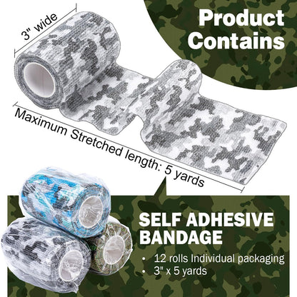AZEN 12er-Pack Selbstklebende Binde, 3" x 5 Yards Elastische Kohäsionsbinde, Sporttape, Tattoo-Abdeckband, Veterinärband, Knöchelband (Camo)