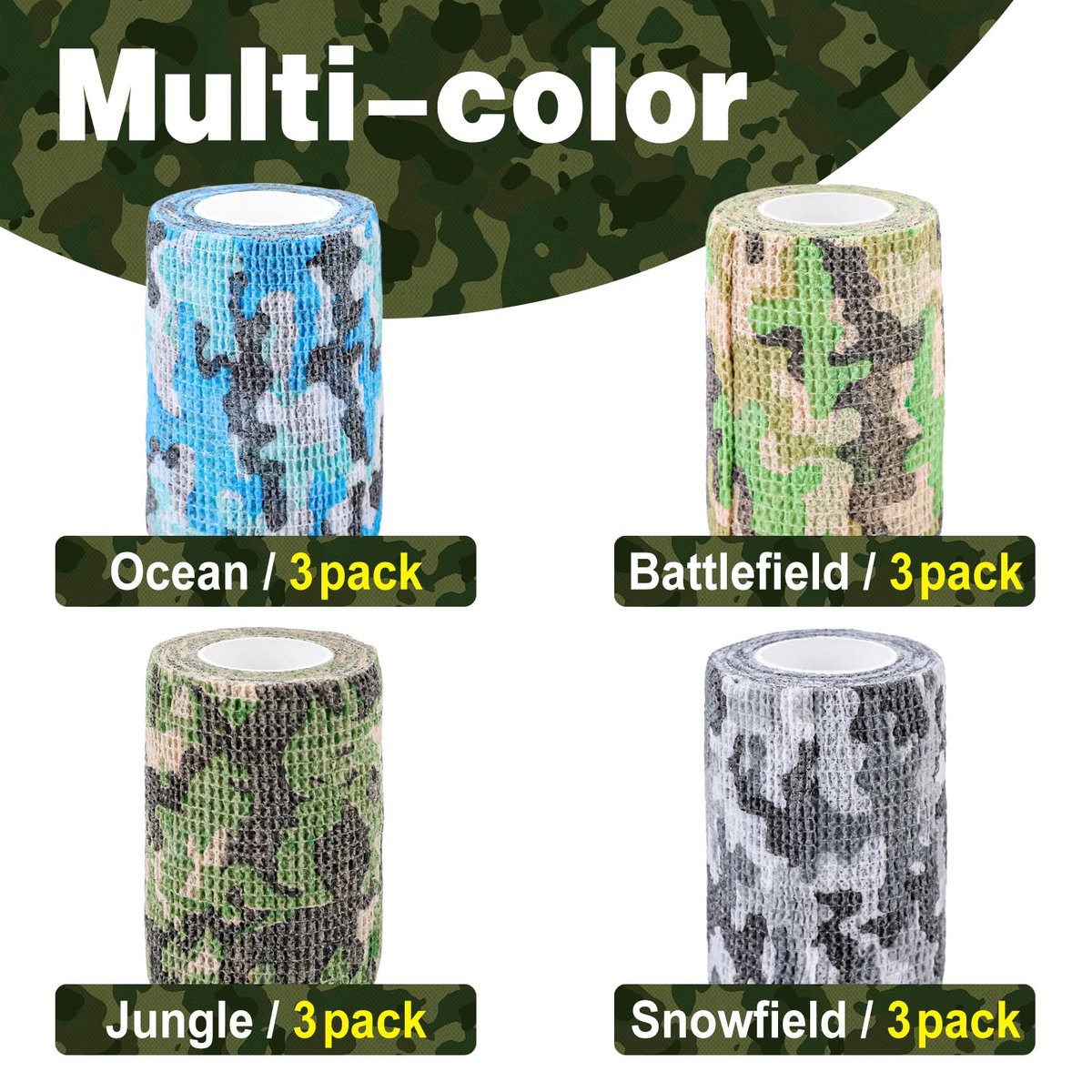 AZEN 12er-Pack Selbstklebende Binde, 3" x 5 Yards Elastische Kohäsionsbinde, Sporttape, Tattoo-Abdeckband, Veterinärband, Knöchelband (Camo)