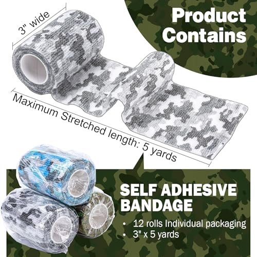AZEN 12er-Pack Selbstklebende Binde, 3" x 5 Yards Elastische Kohäsionsbinde, Sporttape, Tattoo-Abdeckband, Veterinärband, Knöchelband (Camo)