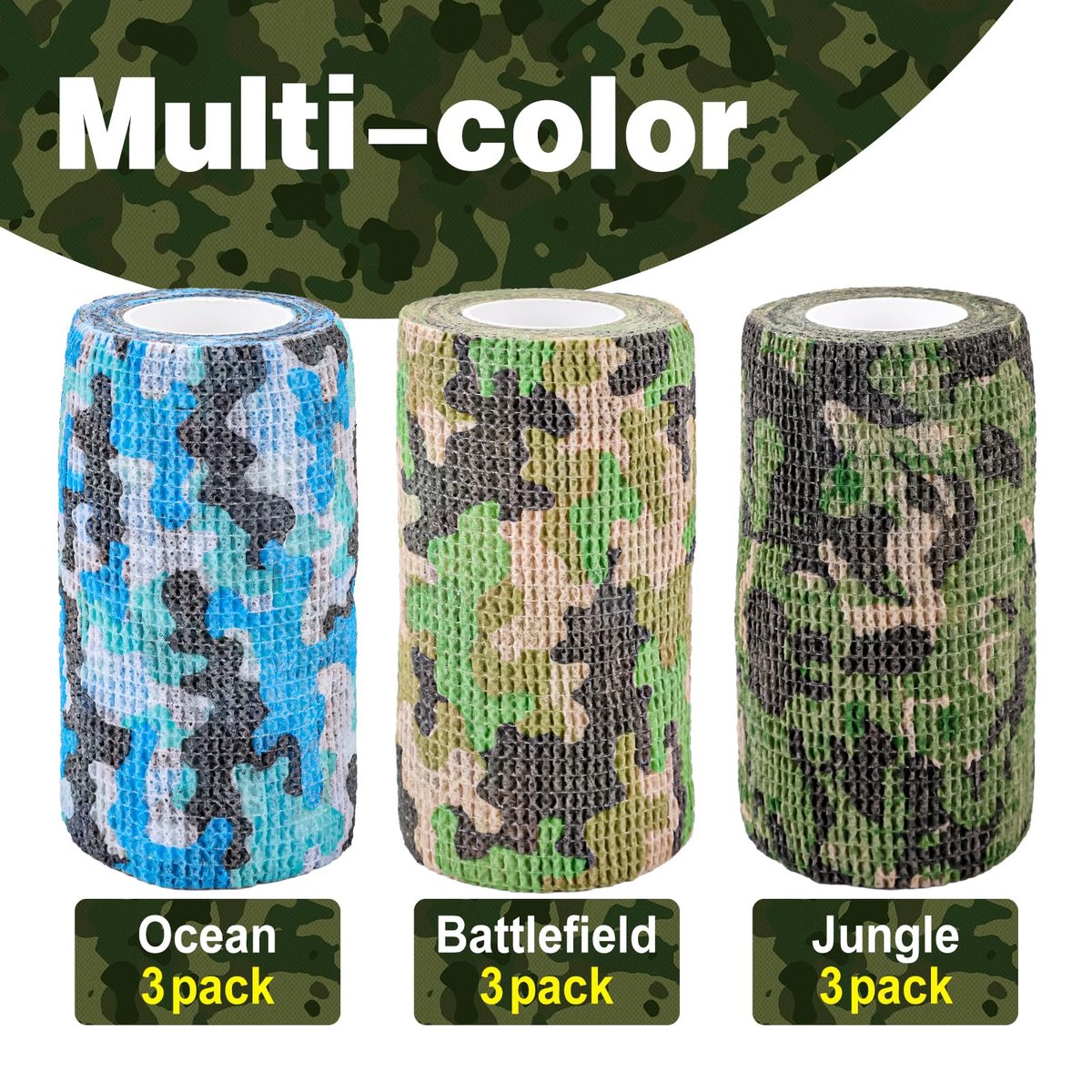 AZEN 9er-Pack Selbstklebende Mullbinde, 4" x 5 Yards, Elastische Kohäsionsbandage, Sporttape, Tattoo-Wrap, Tierpflege-Wickel, Knöchelbandage (Camo)