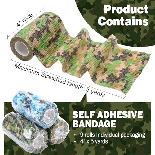 AZEN 9er-Pack Selbstklebende Mullbinde, 4" x 5 Yards, Elastische Kohäsionsbandage, Sporttape, Tattoo-Wrap, Tierpflege-Wickel, Knöchelbandage (Camo)