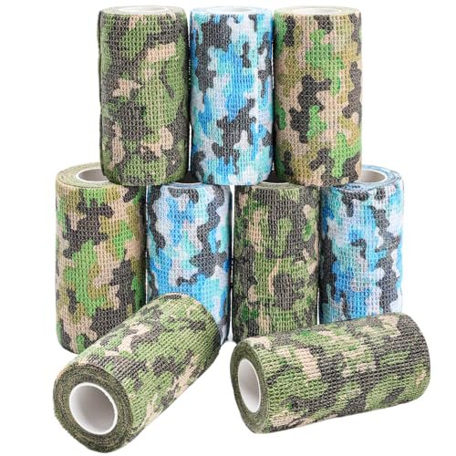 AZEN 9er-Pack Selbstklebende Mullbinde, 4" x 5 Yards, Elastische Kohäsionsbandage, Sporttape, Tattoo-Wrap, Tierpflege-Wickel, Knöchelbandage (Camo)