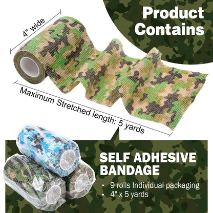 AZEN 9er-Pack Selbstklebende Mullbinde, 4" x 5 Yards, Elastische Kohäsionsbandage, Sporttape, Tattoo-Wrap, Tierpflege-Wickel, Knöchelbandage (Camo)