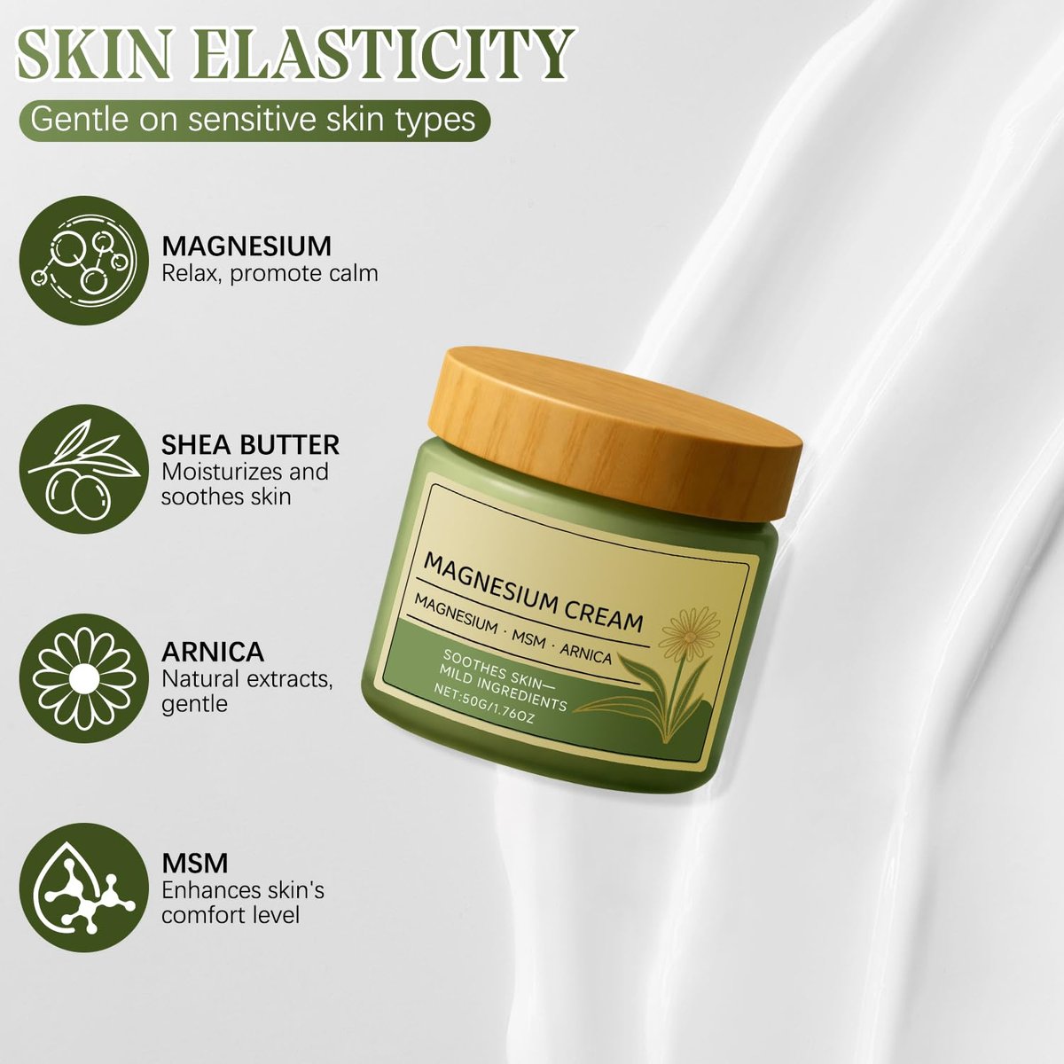 JJpopo Magnesium Creme mit MSM & Arnika - 50g/1,76oz, schnell einziehend, nicht fettend, tägliche Körperpflegecreme (2er-Pack)