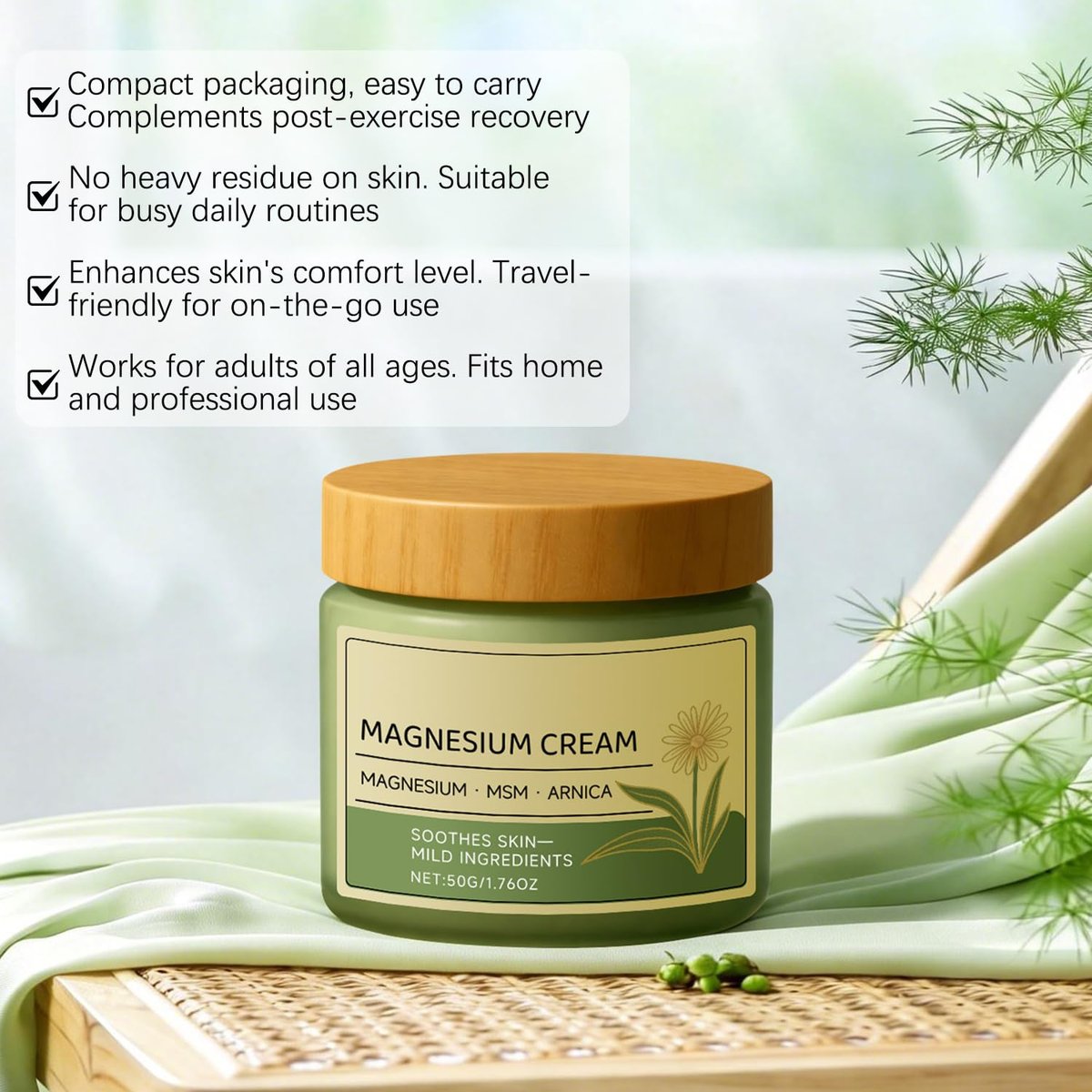 JJpopo Magnesium Creme mit MSM & Arnika - 50g/1,76oz, schnell einziehend, nicht fettend, tägliche Körperpflegecreme (2er-Pack)