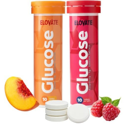 ELOVATE Schnell wirkende Glukosetabletten, Pfirsich & Himbeere Geschmack – Erhöht niedrigen Blutzucker, 15g pro Portion, Kaubar, Glutenfrei – 2 Tuben (20 Stück, Mehrfachgeschmack)