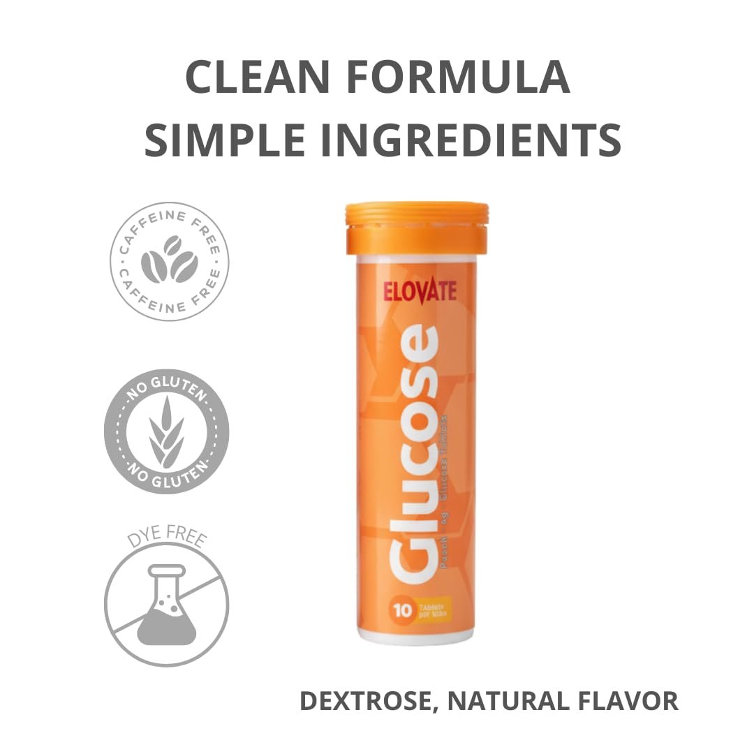 ELOVATE Schnell wirkende Glukosetabletten, Pfirsich & Himbeere Geschmack – Erhöht niedrigen Blutzucker, 15g pro Portion, Kaubar, Glutenfrei – 2 Tuben (20 Stück, Mehrfachgeschmack)